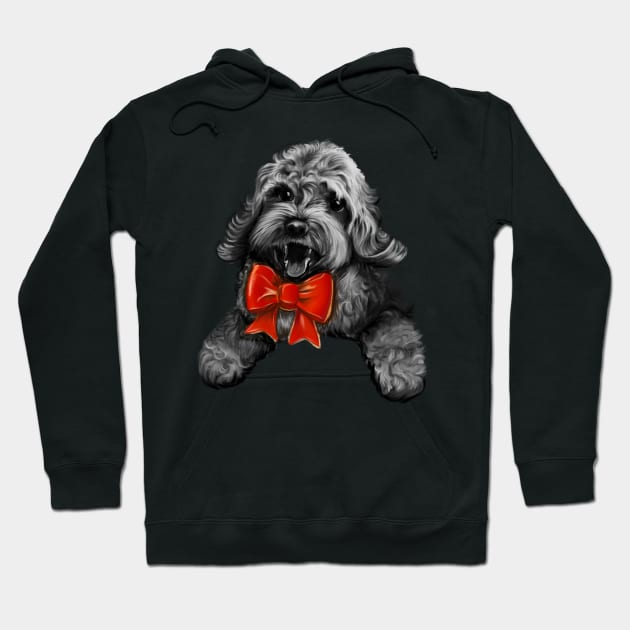 Cute Cavapoo Cavoodle puppy dog with red bow  - Monochrome cavalier king charles spaniel poodle, puppy love Hoodie by Artonmytee